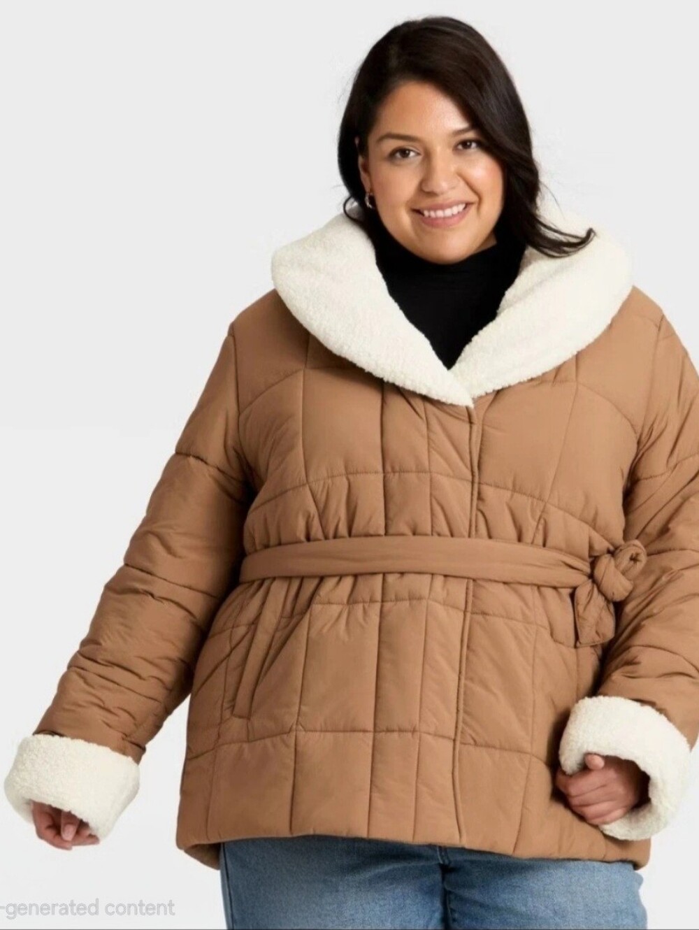 Ava & Viv Tan Quilted Belted Puffer with White Sherpa Trim